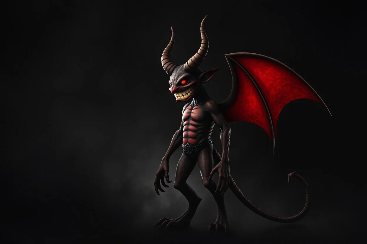 a sinister grinning devil standing facing right