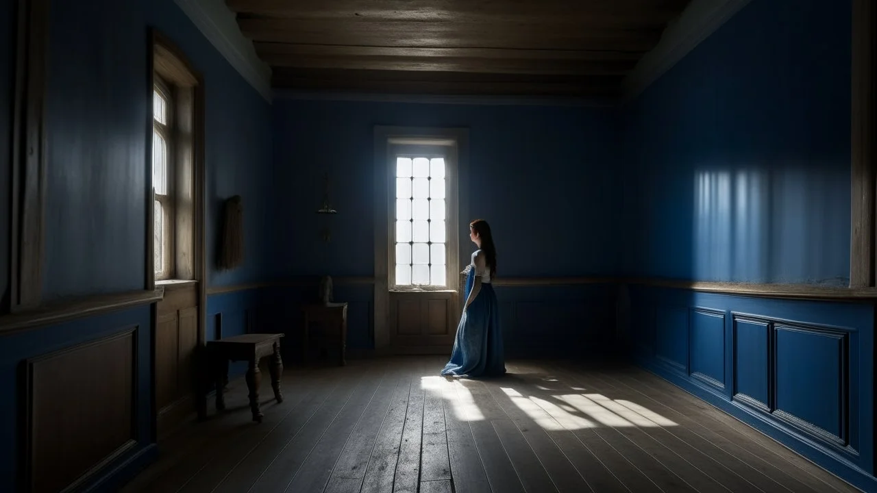 Room with light gray plaster walls and old wooden floor, a square opening in the ceiling like a light well, a woman with long braids wearing a dark blue dress, a small fox sitting and observing the space