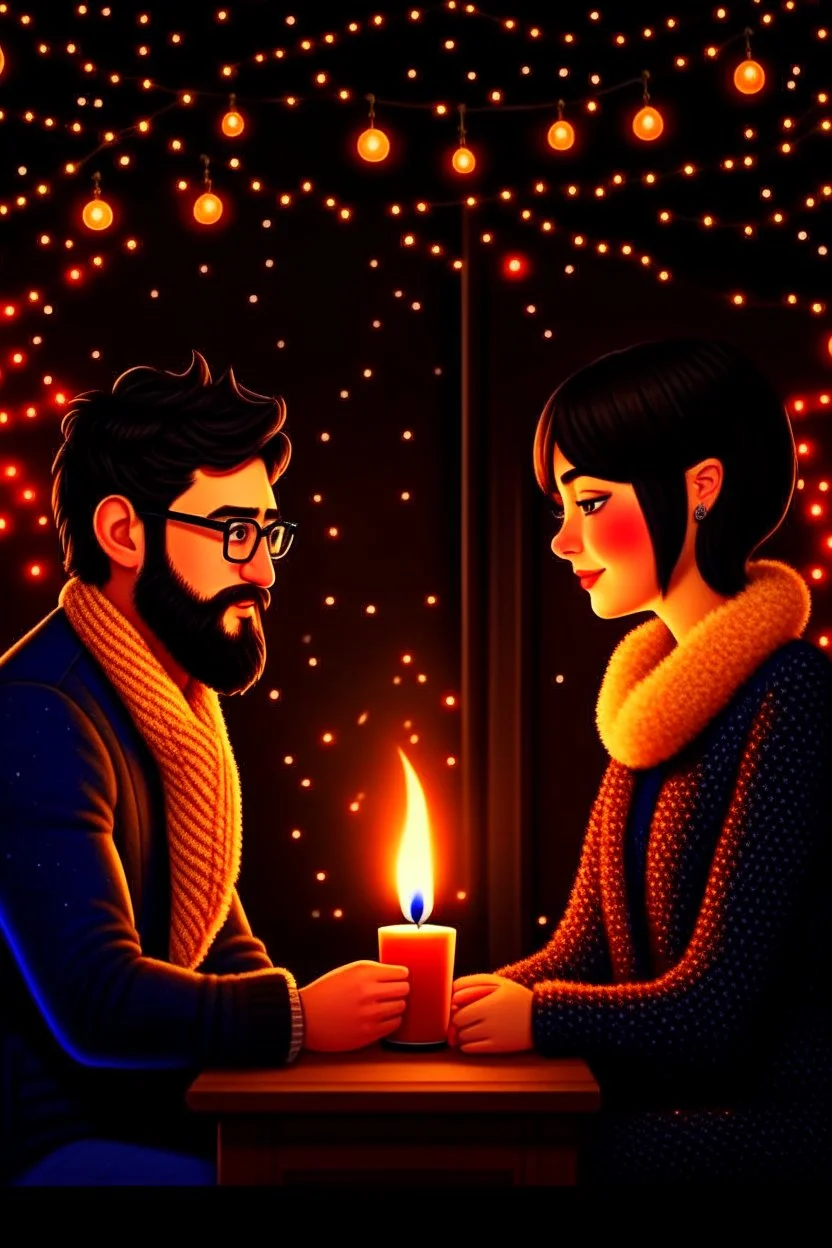 Fire place Christmas scene, dark haired couple, man with short black beard and glasses, blue eyes, young couple, graphic