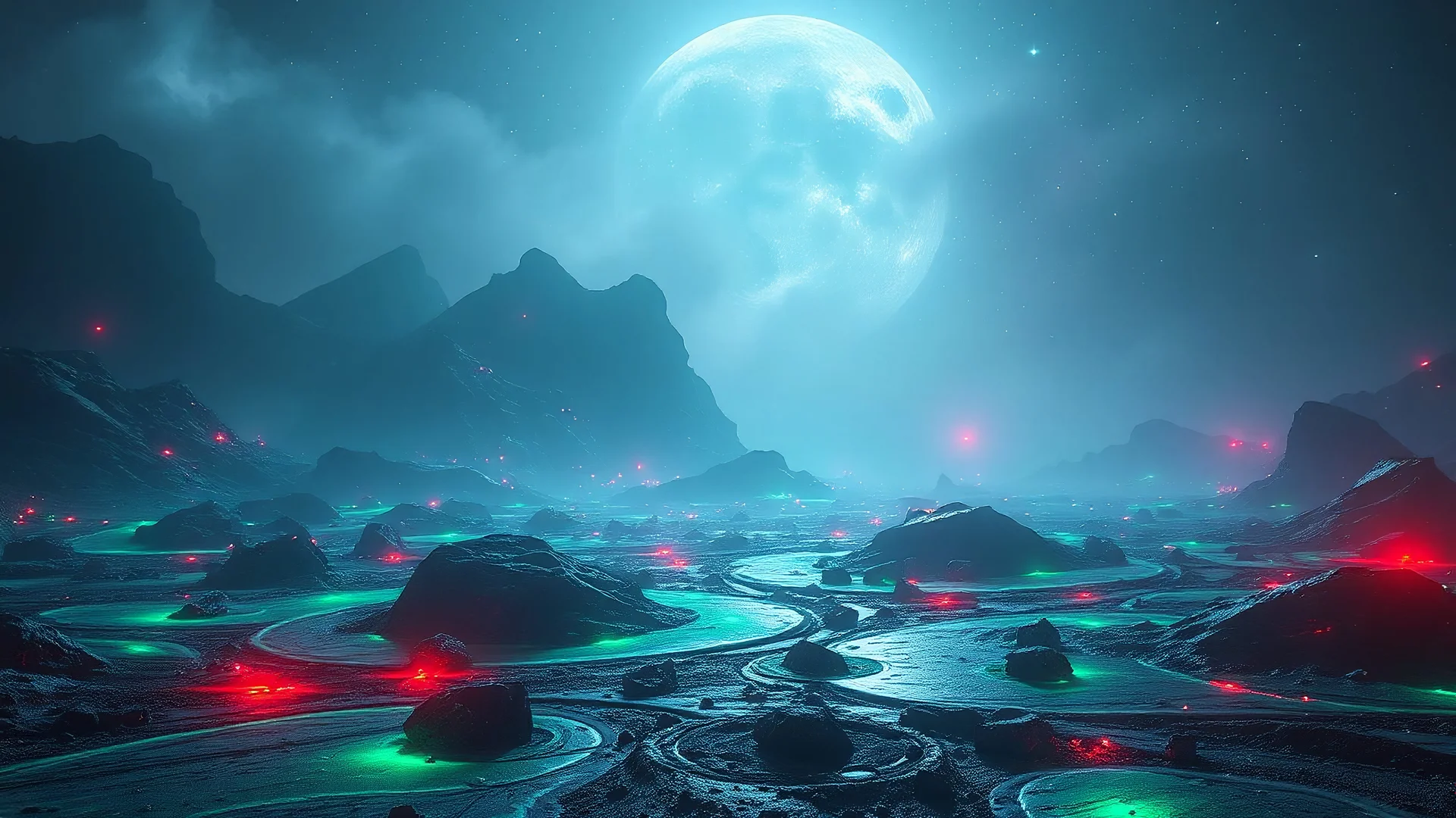 landscape covered in goo that looks futuristic with futuristic lighting, realistic rendering