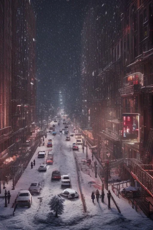 New York street, Realistic night christmas, snow, 4k, big tree christimas