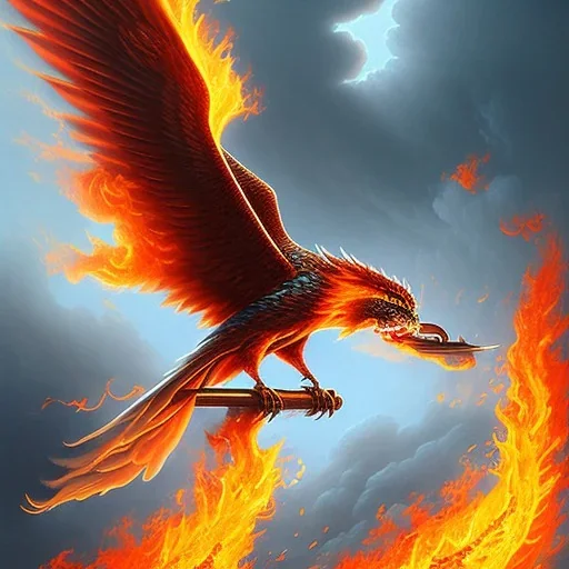 a phoenix with one watery wing and one fiery flaming wing, phoenix bird, realistic, intricately detailed