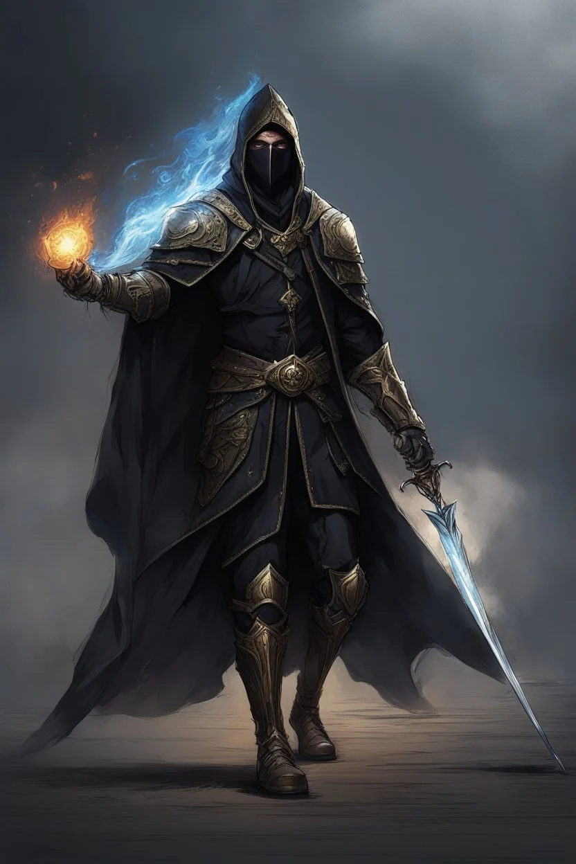 A commander with a black cloak and a long coat with long combat boots and a long spear with his Helmet is golden under his cloak like assasins With a magical power in his hand and a white anklet and boots With blue flame eyes