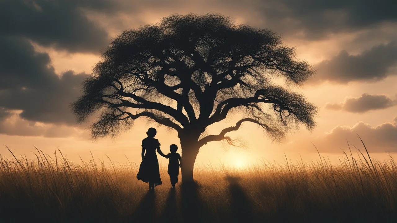 Hyper Realistic Silhouette of a mother carrying her child at cloudy sunset in a field with tall grass & a old-thick-tree showing cinematic & dramatic ambiance