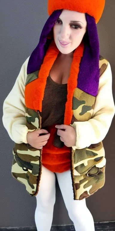 Brunette.thick thighs,thick calves,flat belly,curvy fell. big head. Mantle is sewed of upcycled Denim and sewed together of camouflage pieces. Pieces' color are orange, cream and purple. It is with big bright purple felt tippet and cream-colored-hood. mantle is merged with satchel. . Big AKG-style headphones (gold rings!) is merged with small felt cap with small visor. Style: Haute Couture in 1920's, N.Y.C fashion in 1996, inspired by street art. Cream latex gaiter. Her head and rest body visibl