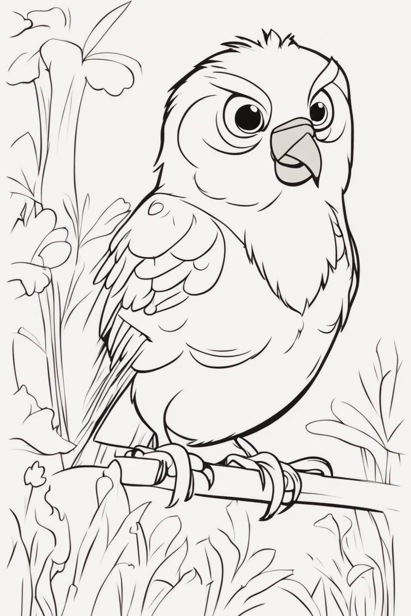 blank colouring book, white blank background, simple picture for toddlers, bird pet, disney and pixar style