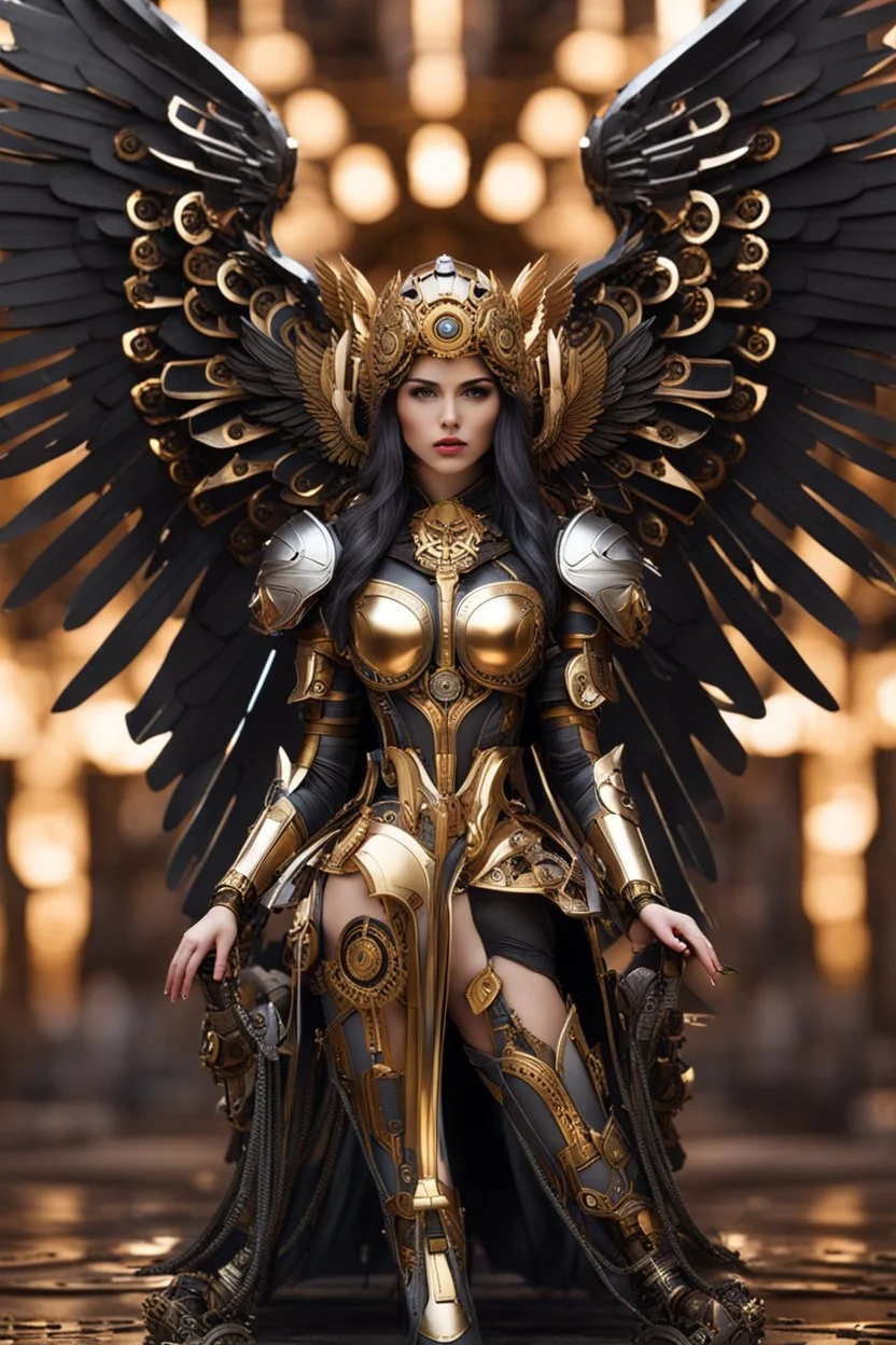 photo full body mechanical lady Angel cyborg straddle wings, using traditional armor,detailed, intricate,gears cogs cables wires circuits, gold silver chrome copper,abstract background