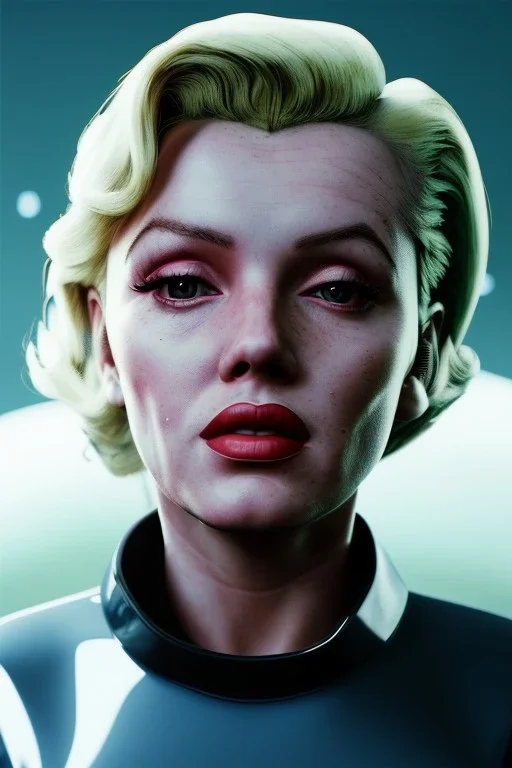 Ultra Realistic retro sci-fi scene, portrait, blonde woman, sweet young Marilyn Monroe face, perfect iris, tight latex coat, Strange planet background, Retro sci-fi style helmet, fog, rain, soft color, highly detailed, unreal engine 5, ray tracing, RTX, lumen lighting, ultra detail, volumetric lighting, 3d, finely drawn, high definition, high resolution.