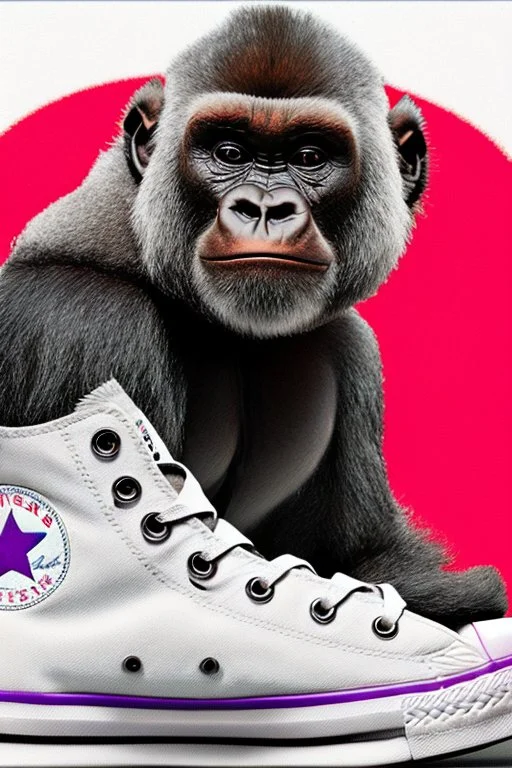 a profile picture of a small gorilla sitting in a purple Converse sneaker, like it's a car, comic style