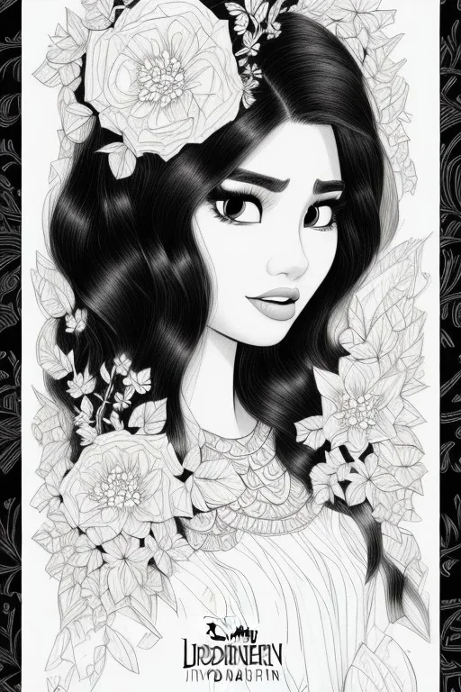 hyper detailed, black and white, thick line, coloring book illustration, lineart, stunningly beautiful asian woman in flowers, jim lee