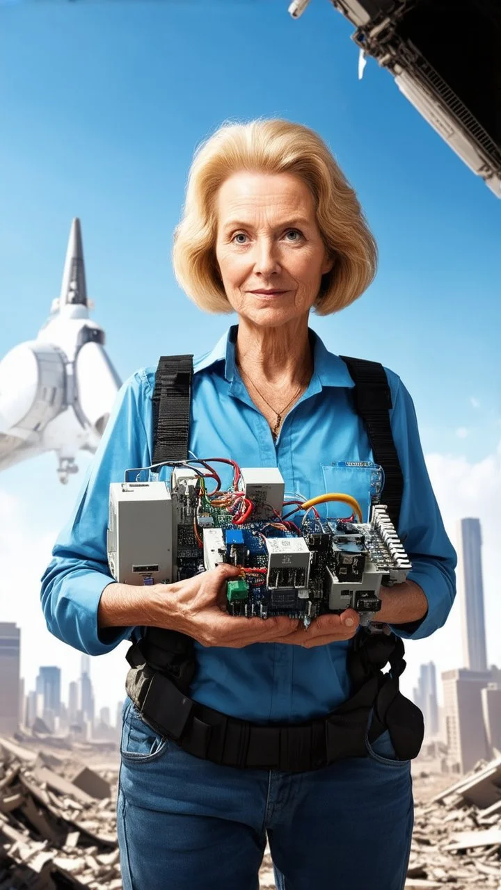 A 60-year-old woman with blond hair, holding an armful of complex electrical equipment, standing in front of a spaceship, with a ruined city in the background.