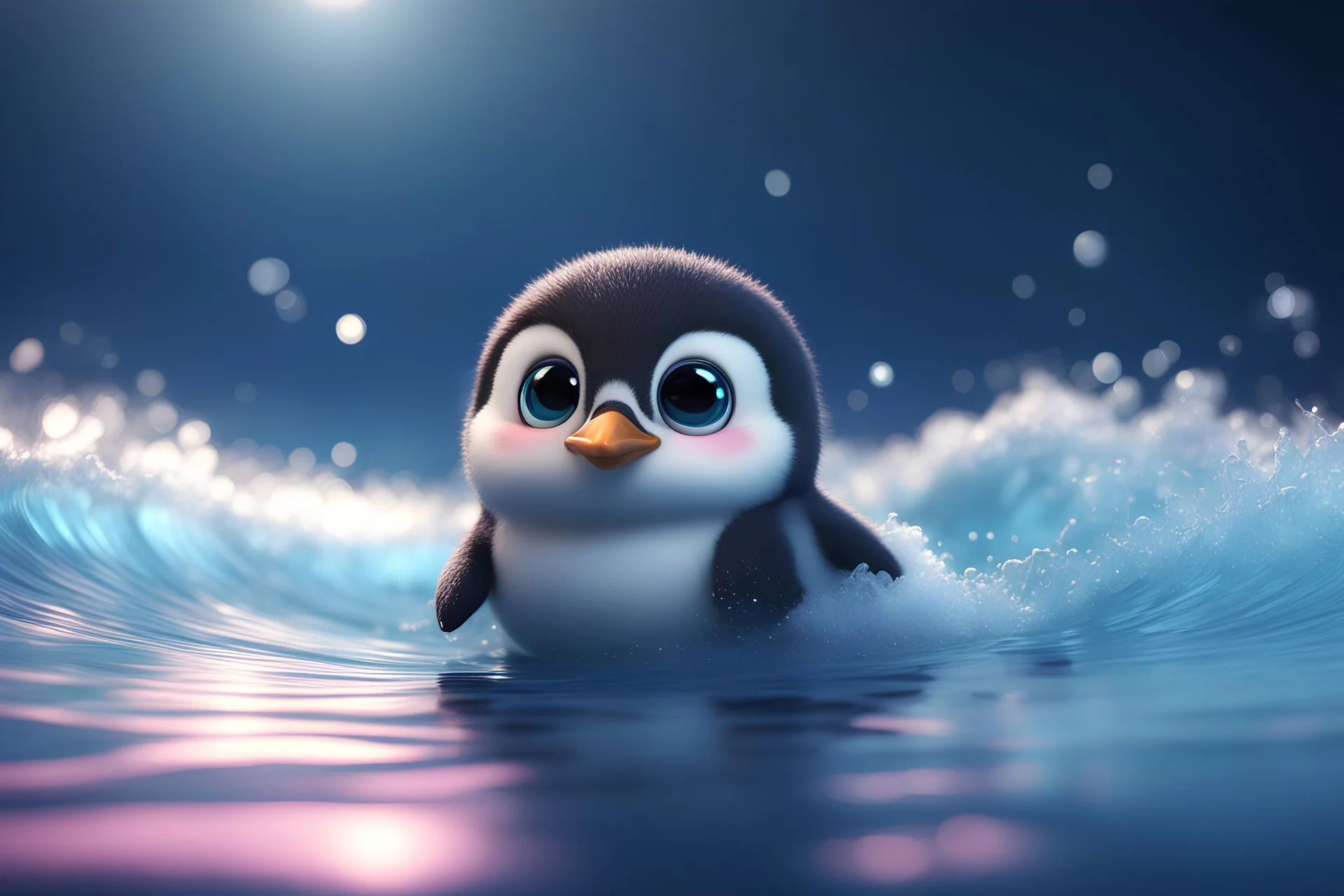 Cute Chibi DarkPink Fluffy Baby Penguin Surfing Lying Down Inside a Perfect Blue Reflecting Wave, Biologie Animale Respectée Parfaite, Realistic World of Ice Rocks and Blue Water Waves, Night MoonLight, Blur Smoke Blur, smooth 3d digital art, exquisite thee-dimensional rendering, 4K, blender, c4d, octane render , disney style 3d light, Zbrush sculpt, high detail realistic cloth, concept art, Zbrush high detail, pinterest Creature Zbrush HD sculpt, neutral lighting, 8k detail , natural light