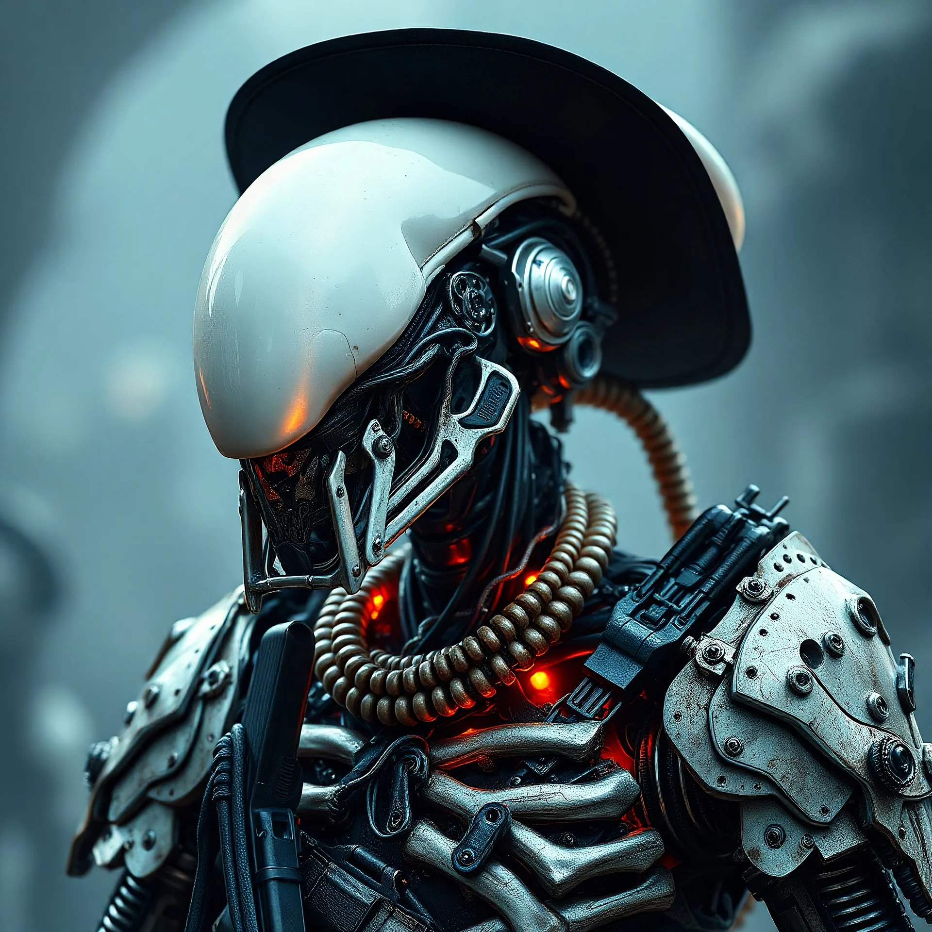 Extreme View, Mind Bending View. hyper-realistic action view of a translucid Xenomorph RustMagic elements, highly detailed cyberpunk cyborg samurai mechanical and robotic elements oni suit pearlescent white color helmet with intricate mechanical details, pearlescent black armor made of metal. bones covered by silk, in the style of Man Ray, carrying realistic alien theme with black cowboy hat with 2 guns on hips holster and wild west theme.