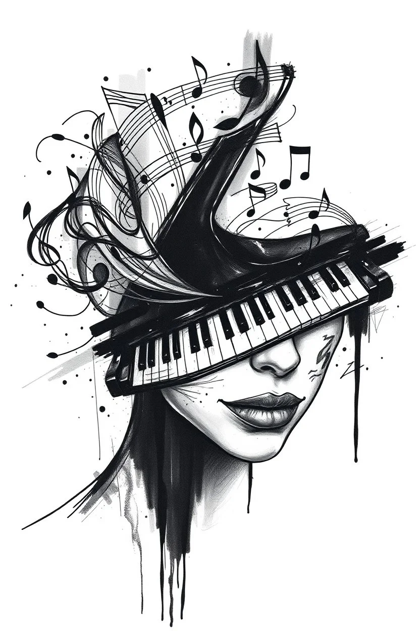 A realistic drawing in negative space black ink on white background of a musical notes and twisted piano keyboard with abstract brushstrokes face tattoos to enhance her face max enrist