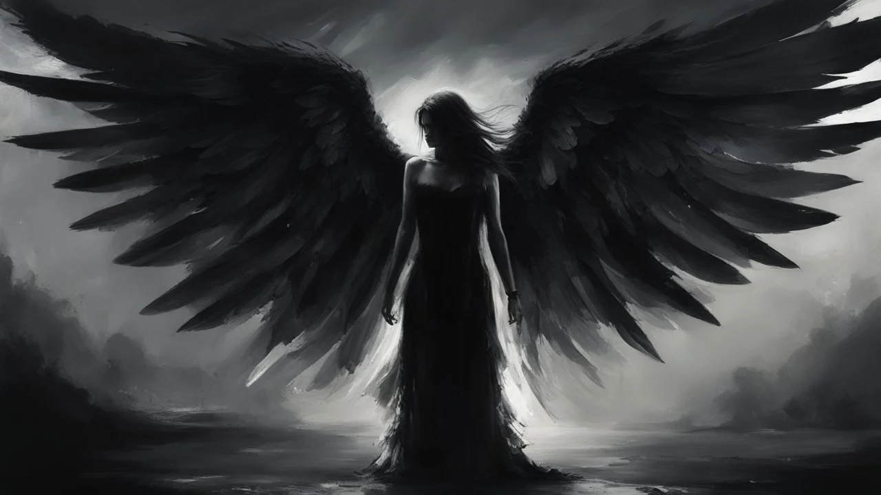 Dark and ethereal, the angel's black wings spread. Each wing carried with it an ancient story, a deep secret that hid in the shadows. cinematic detailed mysterious sharp focus high contrast dramatic volumetric lighting, :: mysterious and dark esoteric atmosphere :: digital matte painting by Jeremy Mann + Carne Griffiths + Leonid Afremov,, dramatic shading, detailed face