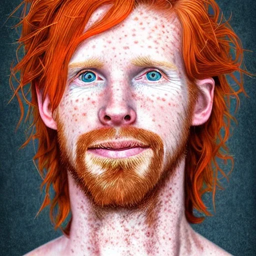 Portrait of young Courtney Gains as a ruggedly handsome, joyful, roguish pirate, charismatic, attractive male, masculine, perfect, precisely detailed clear eyes, unblemished, flawless skin, softly freckled face; meticulously detailed multi-hued ginger carrot-colored cherry fire red hair; fantasy, intricate, elegant, highly detailed, digital painting, concept art, matte, sharp focus, illustration, art by artgerm and greg rutkowski and alphonse mucha