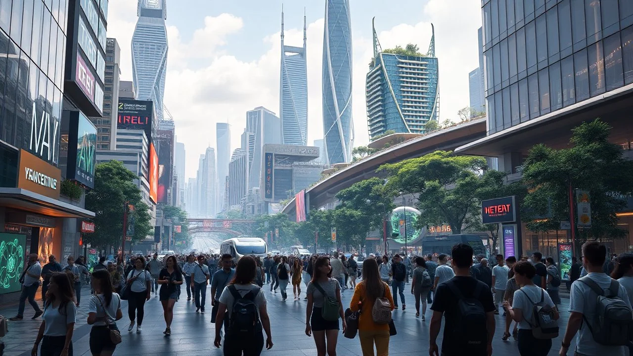 A futuristic scene depicting the bustling heart of a 2080 city center. The foreground features a diverse array of photorealistic individuals engaged with innovative, tech-enhanced elements - holographic displays, autonomous transportation, immersive public art. In the background, a panoramic vista of the larger city skyline - towering organic skyscrapers, elevated transit, verdant green spaces. Convey a sense of scale, depth and awe-inspiring technological wond