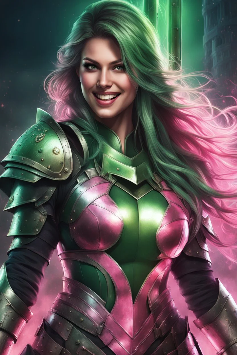 Super pretty woman, good body, big bubs, green long hair, dressing a pink armor, intense look, big smile, stay on top of a tower, dark night background, mist, shadows, front view angle, close up face, intrincate details, high definition picture. good interpretation of a.i.