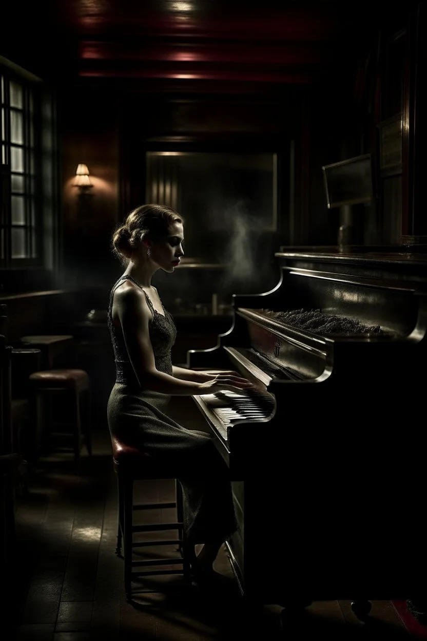 A woman playing a piano in a smoky bar from the 1930s. A nostalgic, moody atmosphere. The pianist is elegantly dressed. The lighting is dim and sultry, casting soft shadows across the room, highlighting the swirls of smoke and the reflective surface of the piano. The image is rich in texture and depth. The scene is captured as if through a Leica M3 camera for its timeless quality, with attention to the grain and tone of a high-speed film. Henri Cartier-Bresson style