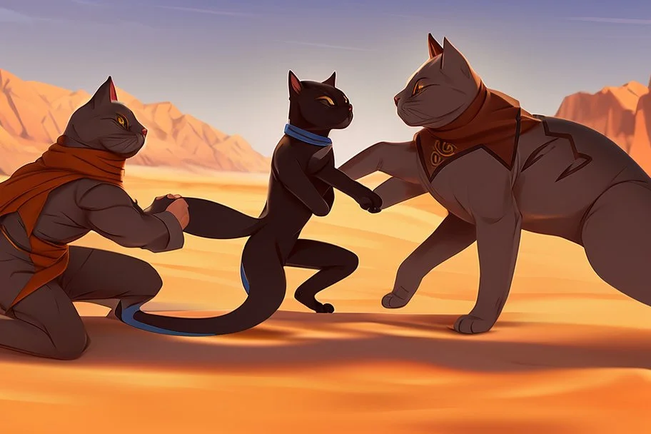 antropomorphic ninja cat fighting with a sheik in the desert in sunshine