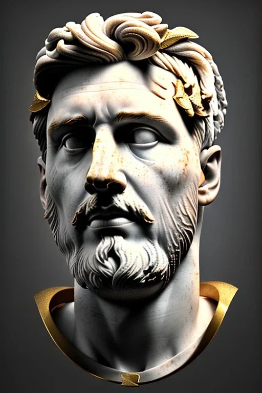 Ultra Realistic image, Roman sculpture bust, clean white marble material, Lionel Messi, gold Laurel leaves wreath, renaissance ornaments, one gold star, blue sky background, cinematic lighting, god light, 4k resolution, smooth details, ornate details, soft lighting, unreal engine 5, art station, substance 3d, art concept.