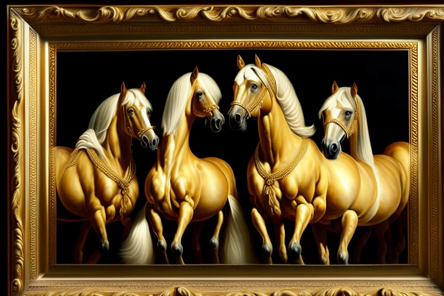 Tres Caballos Palomino cuerpo completo obra de arte hiperredetallado arte renacentista pintura al oleo 8k marco del cuadro tallado en mdera