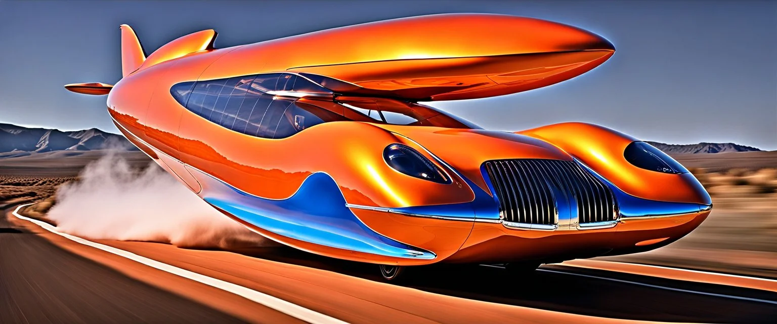 award winning car and driver photograph of a futuristic station wagon dirigible hybrid designed by only one vehicle per image painted metallic orange traveling at a high rate of speed, jet intake off of front center of vehicle and jet exhaust out the rear with bright blue flame, bilaterally symetrical, more a high speed road vehicle