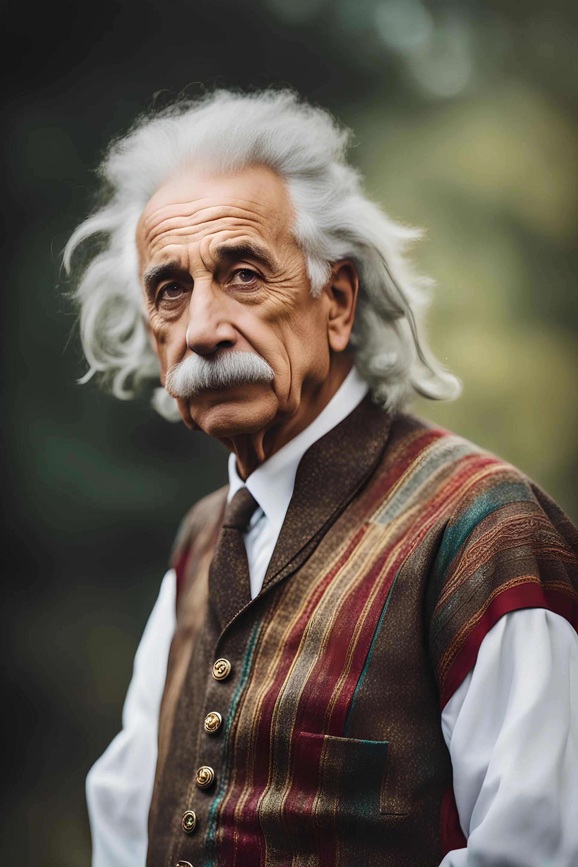 Einstein i n azeri traditional costum color full ,upper body ,blury background ,closeup ,sharp focus