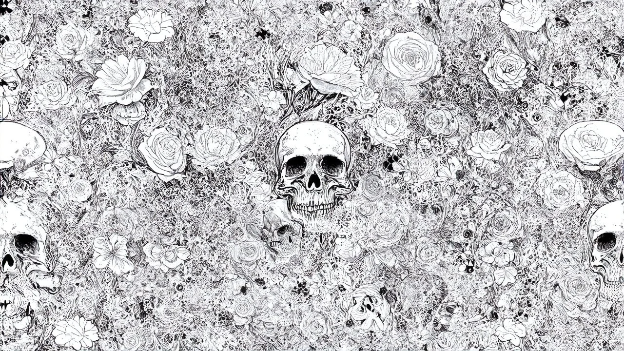 tracery of flowers and skulls, black and white, Maximum minimalism