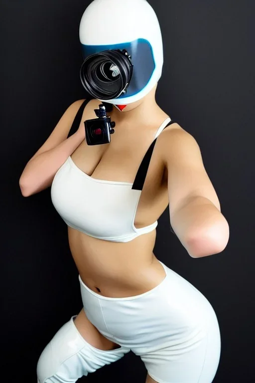 Cyber-punk style mask. Large fencing mask covers cheeks. Trim girls. Reflective white plastic skin. Camera lenses as eyes. Head full of integrated old-fashioned cameras. Golden to cyan surfaces body, latex. Perfect body, thick thighs and calves. Asa Akira. Selfies with old-fashioned cameras in both hands. Wide hip, skirt bleats nicely. Camera at mons veneris and nipples. Partly symmetrical. Cameras hanging on wide plastic belt. Euclidean 3D-tiling. dystopia. Fractal-camera-lens. Chaos.Minimalism