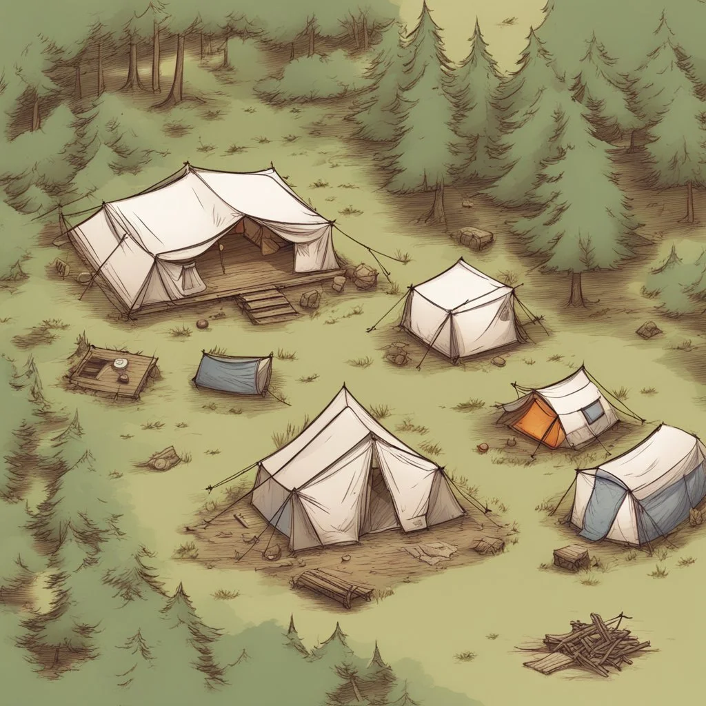 map, camp ground, top view, comic book, sketch, nature,