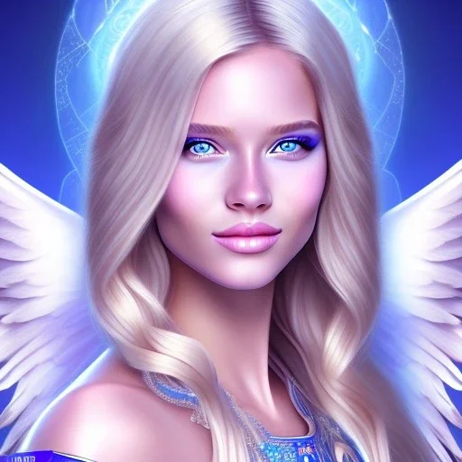 portrait of a beautiful aztecan woman with an angel face smiling,long blond hair, blue eyes, pink and blue dress, jewels, soft light aura