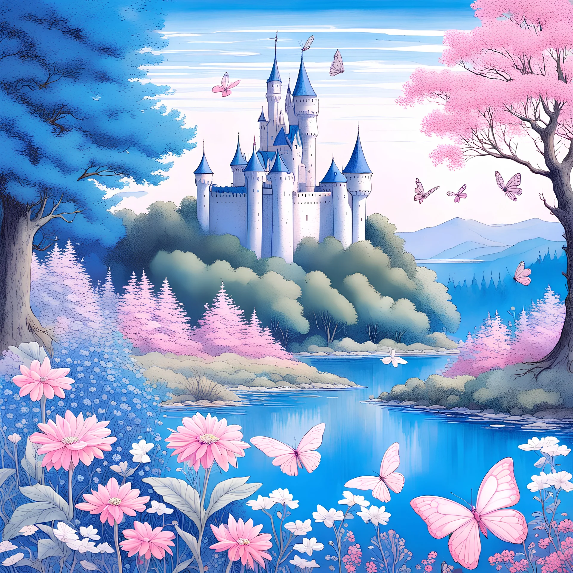 Dans l'avant-plan, des fleurs sauvages imposantes, désordonnées, sont entourées de grands arbres en fleurs aux teintes bleues, blanches et roses. Une étendue d'eau est agrémentée de papillons de grande taille, blancs ou roses, tandis qu'un château féerique et in nt se dresse en arrière-plan, offrant une qualité visuelle exceptionnelle et une représentation réaliste.