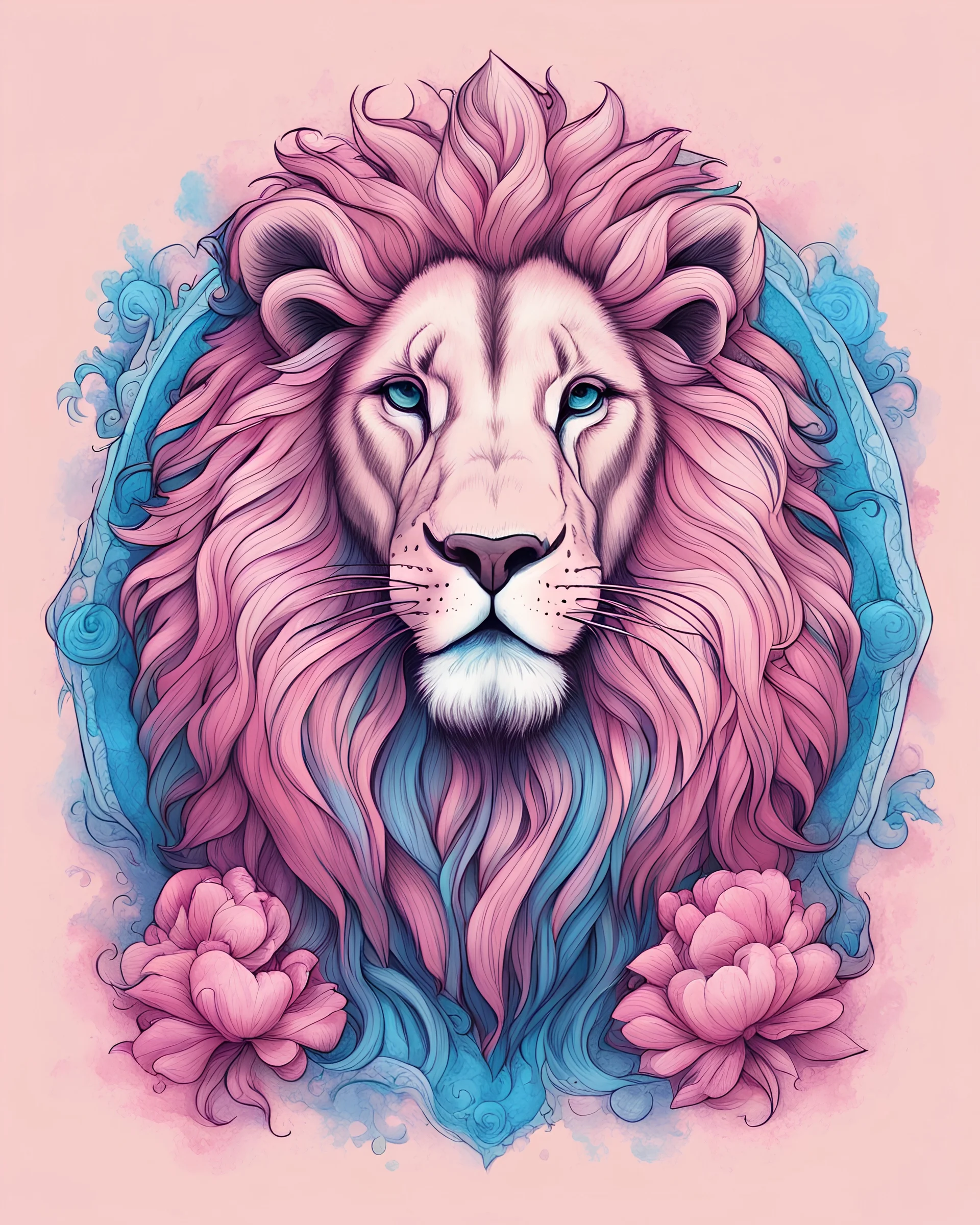 Holy Lion's Blessing in color sketch note pink and blue print art style