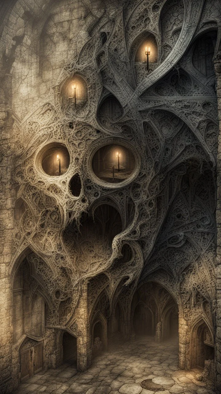 dark fantasy art of a medieval abandoned hall