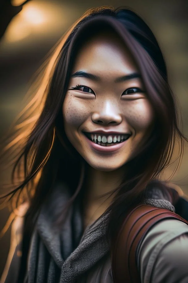 portrait of an asian girl smiling, outdoors, dslr camera, cinematic photography, epic angle, dark colour tone, hyper-realistic