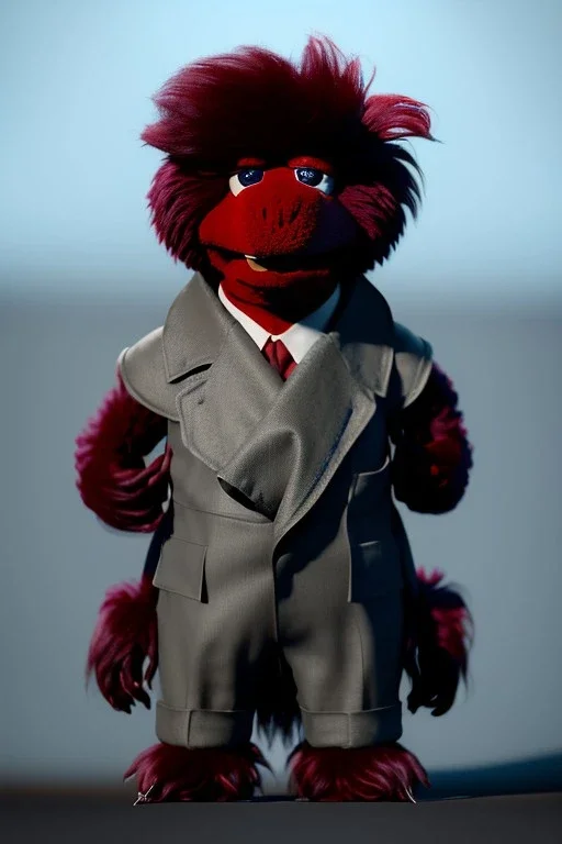 Waist up muppet Portrait, Kim Jong-un muppet doll, black suit, photo studio, red background, unreal engine 5, concept art, art station, god lights, ray tracing, RTX, lumen lighting, ultra detail, volumetric lighting, 3d.