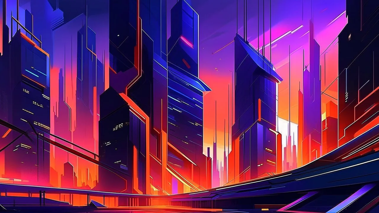 A digital painting with sharp lines and precise geometric shapes, showcasing a futuristic cityscape at dusk. The buildings are sleek and angular, with neon lights illuminating the streets below. The sky is a blend of deep purples and oranges, creating a dramatic backdrop.