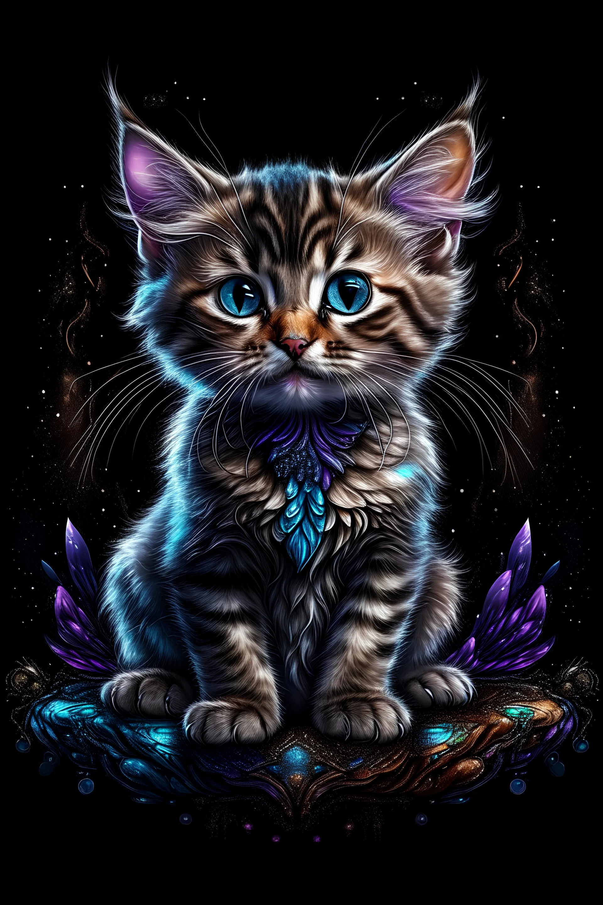 A fascinating hyper-realistic photo of a kitten transformed into a mythical creature. The kitten has intricate angel wings and a body covered in dazzling jewels that catch the light and create a sparkling effect. His wings are spread. The background is dark and mysterious, with a touch of vibrant colors, which enhance the otherworldly atmosphere. The image is perfect for a t-shirt, capturing the imagination with its concept art and at