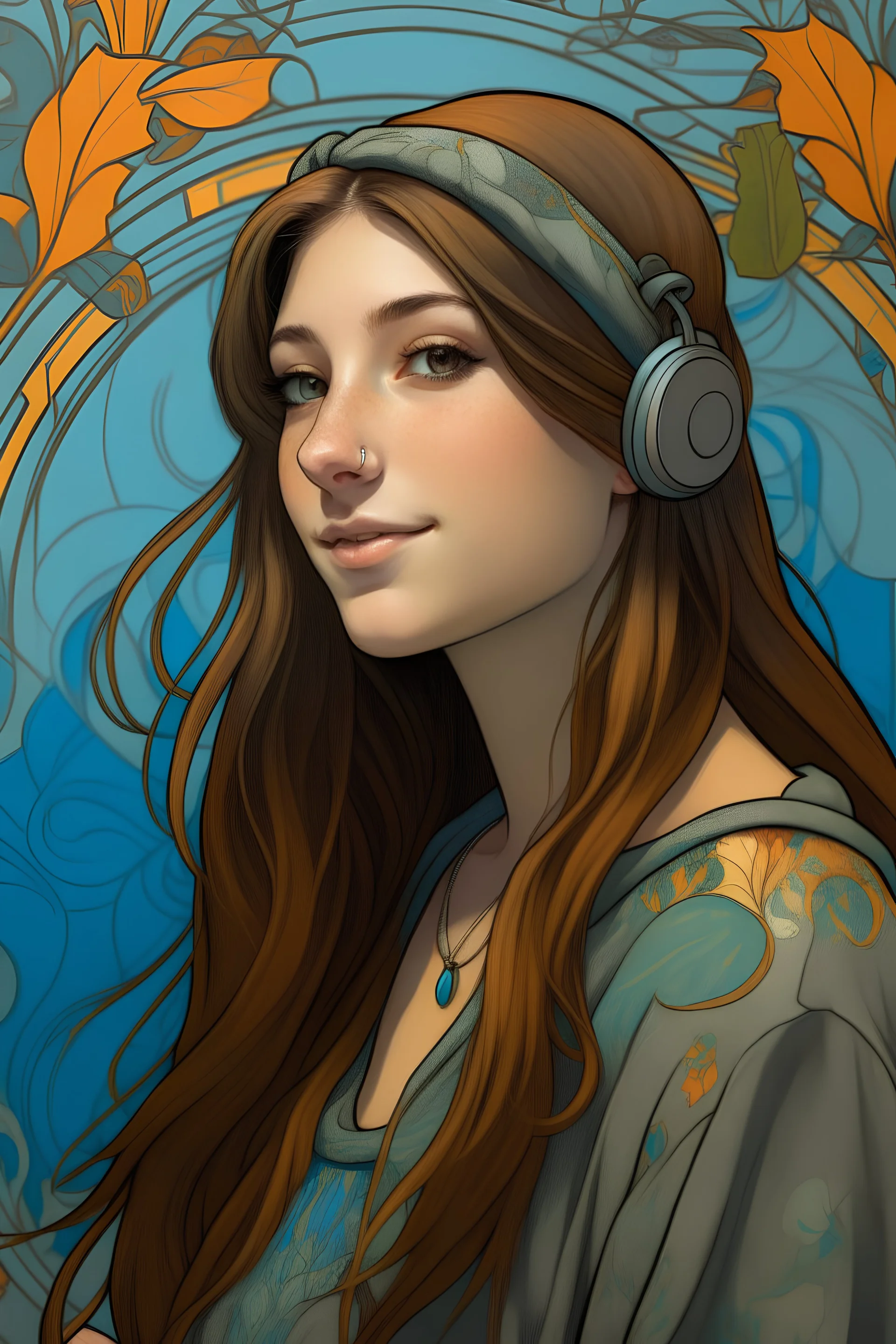 based on this image create aa woman in grunge style listening to headphones, using art nouveau style of Alphonse Mucha, cinematic lighting. Use your a fall color palette. Incorporate leaves in to the design.