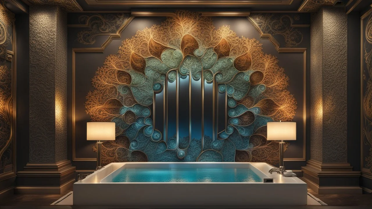 a big stunning fractal illustration with stepwise metalic colors on the wall in the luxury bath, hyperdetailed , natur lighting, intricate detailed, high focus, cinematic, stunning, photorealistic