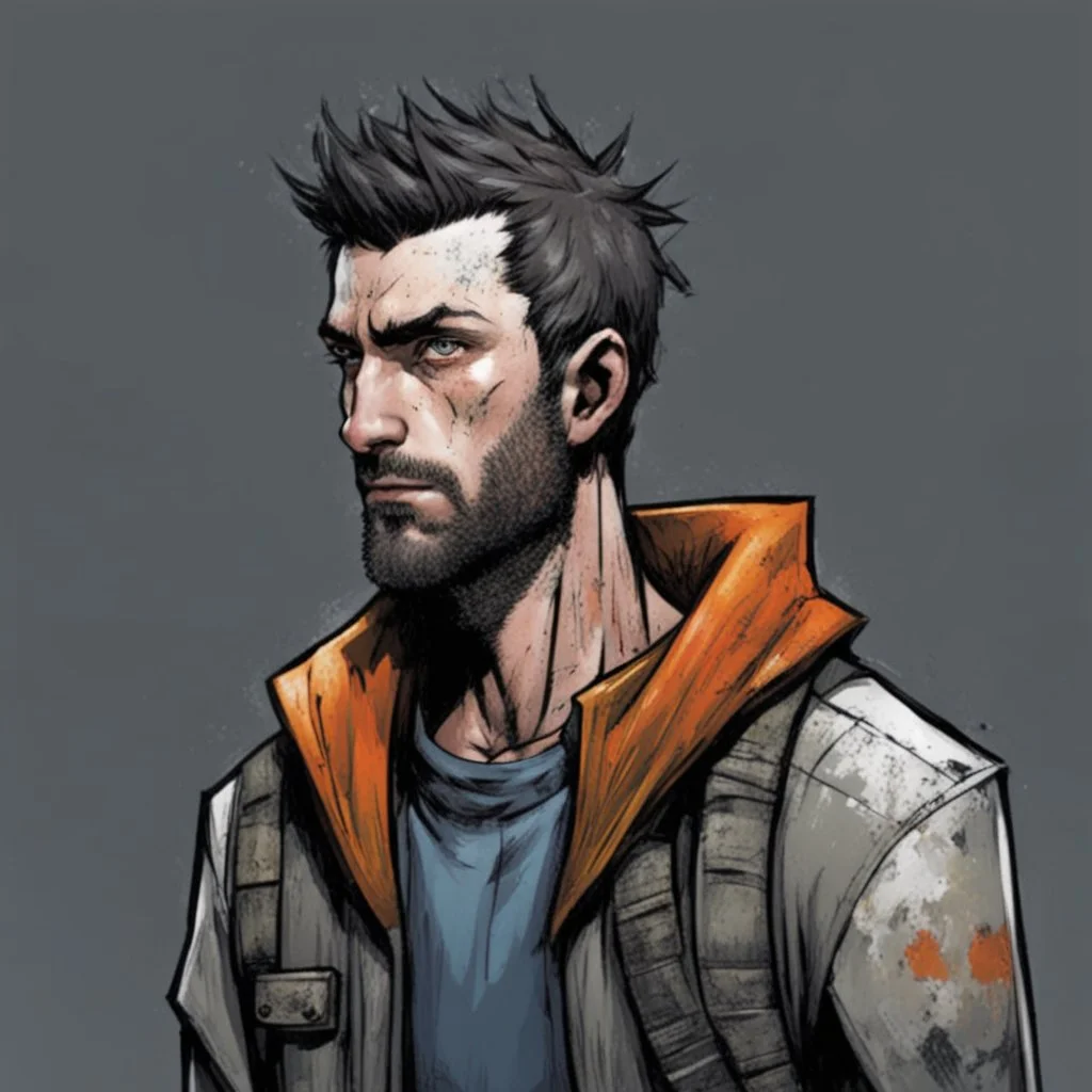 man,, looking serious, comic book, post-apocalypse, grey background