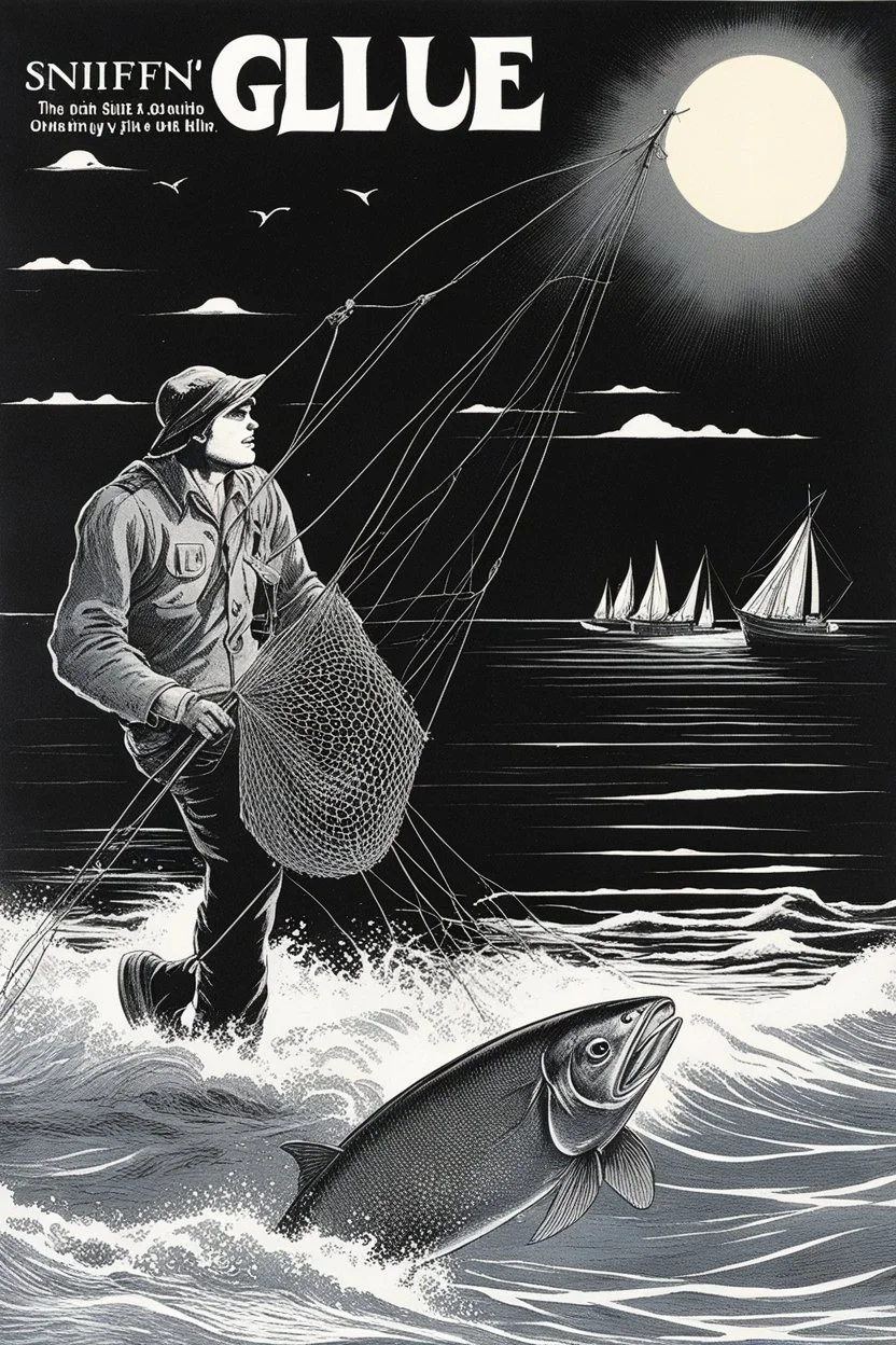 SNIFFIN’ GLUE magazine illustration cover by Marcel Gotlib, special issue on One night, a young fisherman named Mateo sets out to sea, unaware of the dangers that await him. As he casts his nets into the dark waters, a creature With the body of a fish and the face of a human,