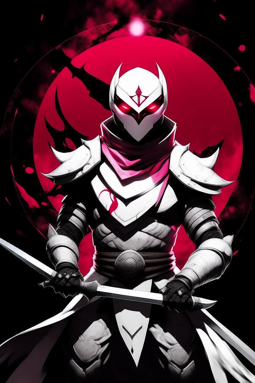 The character, depicted in a striking white armour against a dark wintry backdrop with accents of pink, stands prominently within the scene, accompanied by a red and black circular symbol of significance, a black pointed spear with a red handle. His eyes are showing a dynamic yet menacing expression and he wears a black oni mask covering his mouth with white teeth, he has brown shoulder pads and a white karate belt with a bag attached to it.