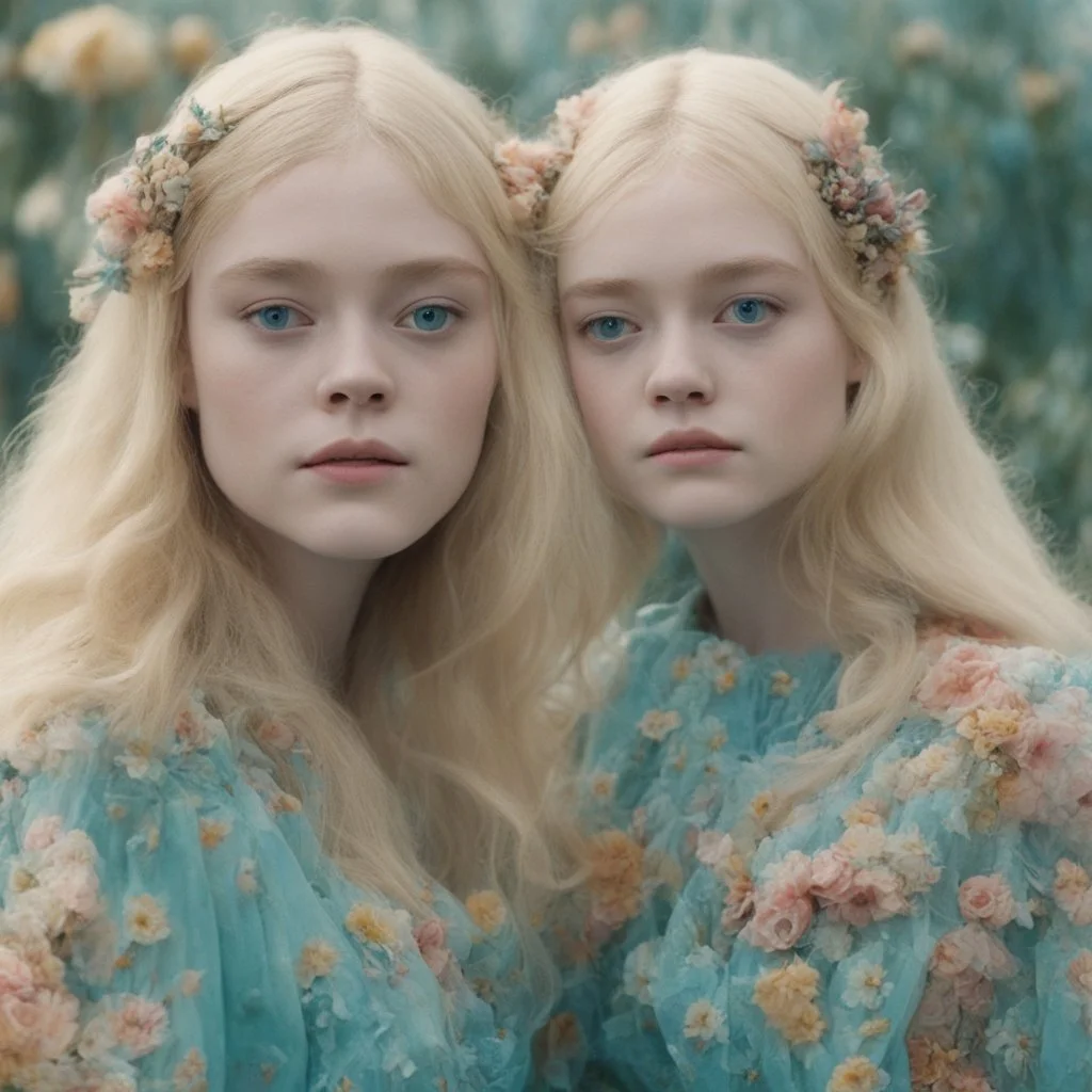 Elle fanning and dakota fanning as flowers, turquoise, 1970s