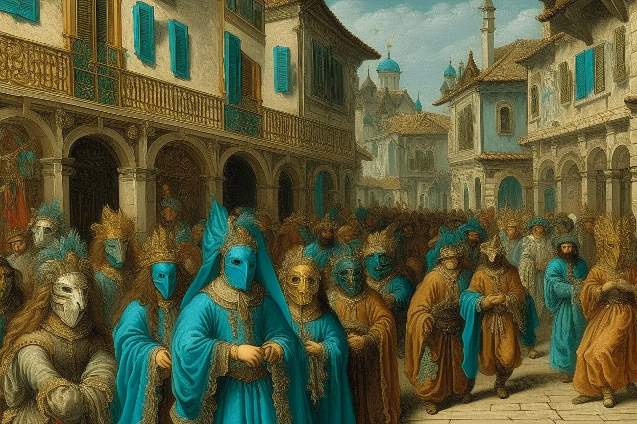 A turquoise district with masquerade masks painted by Lucas van Leyden