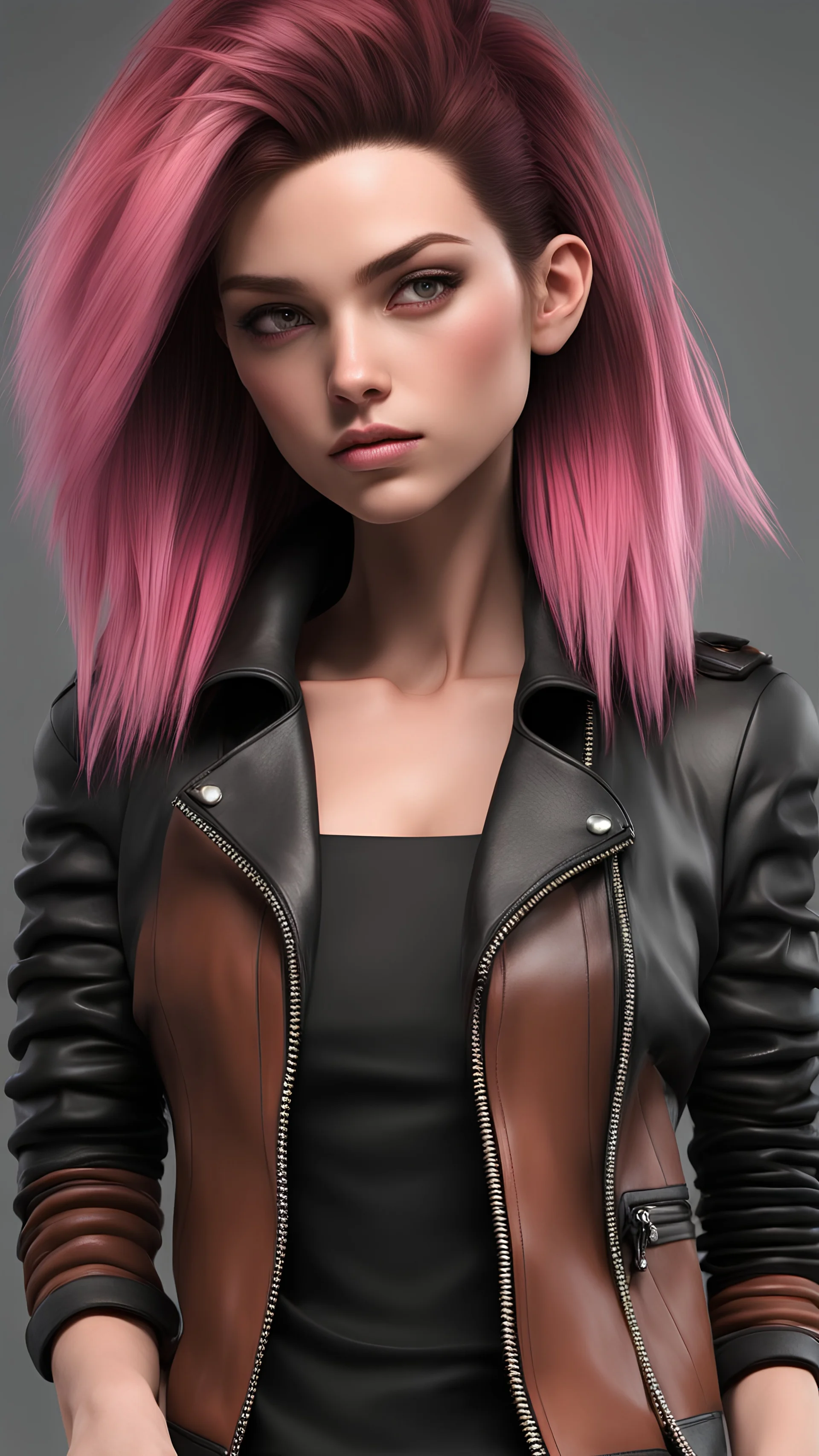 The girl had a distinctive hairstyle – on one side of her head, she rocked a clean-shaven look, while the other side boasted long, brown-to-pink ombre hair adorned with darker horizontal stripes. Completing her edgy style, she wore a black leather jacket with bold spikes on the shoulders., 3d render