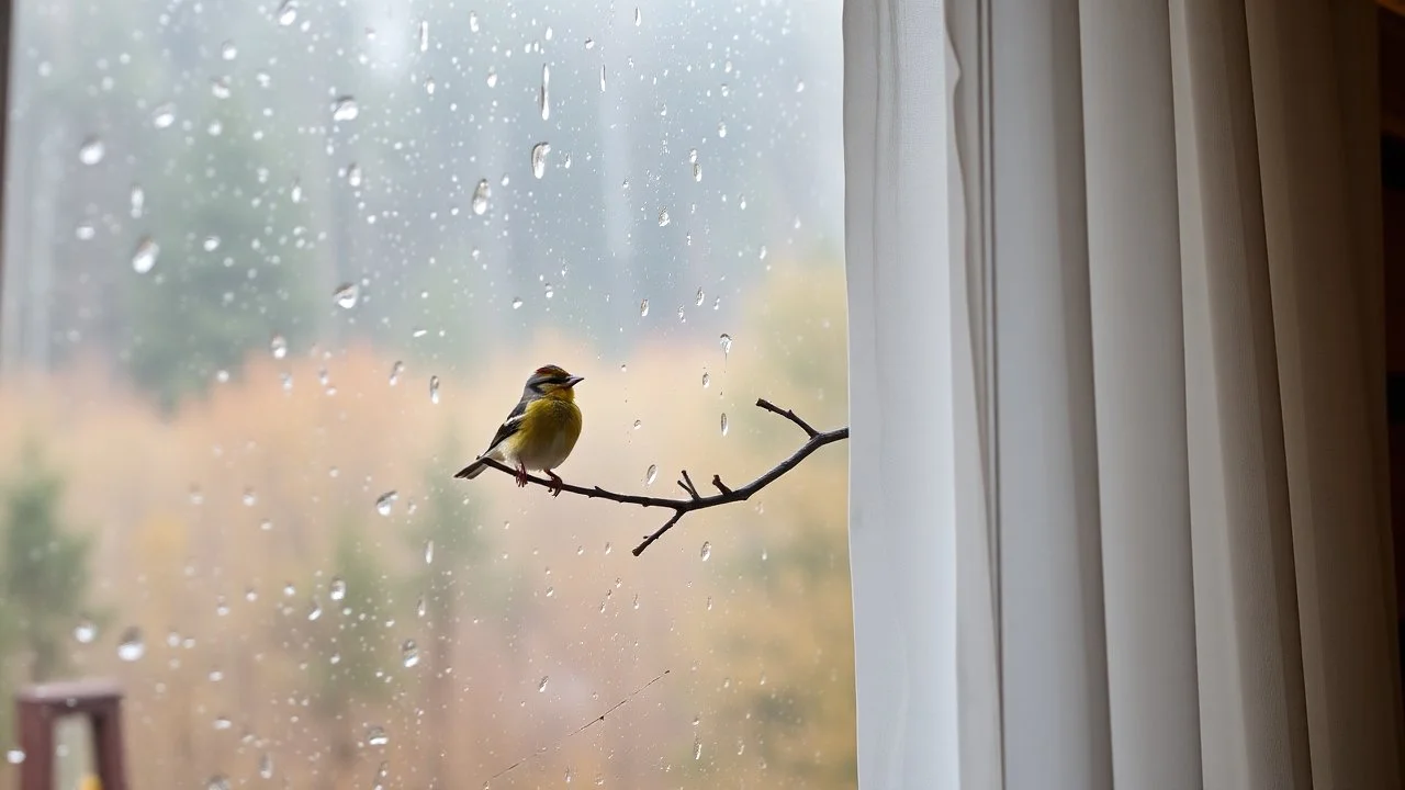 A single goldfinch singing on a branch just outside a rain-streaked window, seen through a sheer, closed curtain in a cozy, rustic cabin during a misty autumn afternoon.