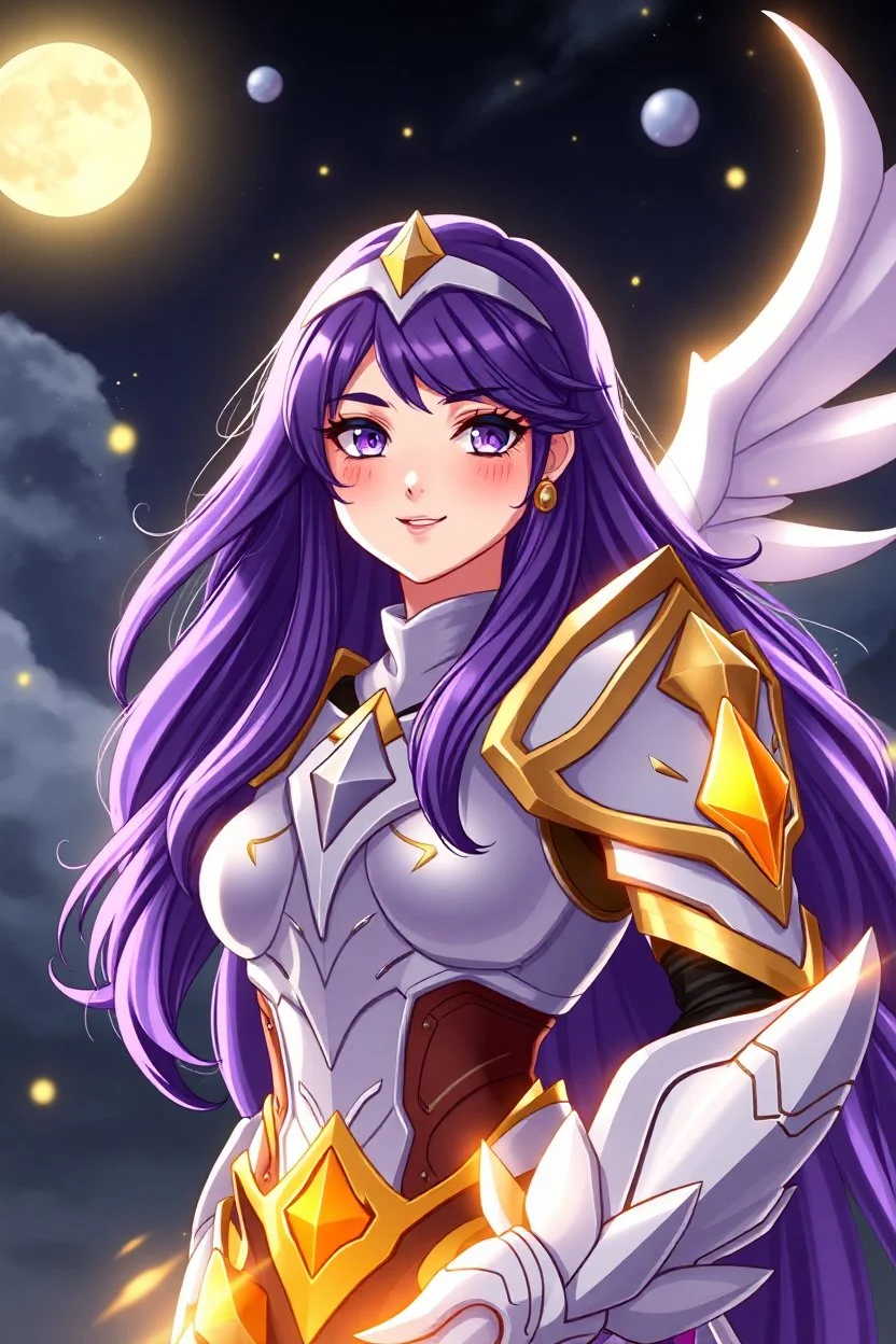 SUPER PRETTY GIRL, WITH A LITTLE WHITE-GOLD ARMOUR, PURPLE LONG HAIRED, NICE EYES, GREATH SMILE, BIG BUBS, NICE BODY, STAY ON DARKNESS CASTLE, STARS SKY, MOON, LEGENDARY WARRIOR, POWERED GIRL, A GOLDEN GLOW AROUND HER BODY.