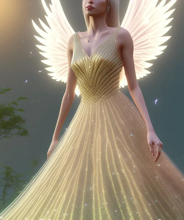 A crystalised queen, atmospheric, realistic, unreal engine, cinematic lighting, octane render, transparent long dress, blonde, full body, wings, smile, long hair